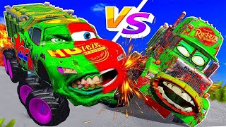 Big ? Small  Monster Truck Tow Mater vs Monster Truck Mcqueen vs DOWN OF DEATH From Spider Man 2