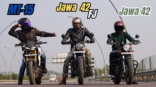 MT15 vs Jawa 42 FJ vs  Jawa 42 Old Drag Race