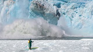 600ft Tall Calving Glacier causes Massive Wave to WIPE OUT BEACH