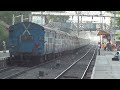 full blue train pune indore express behind cnb wag 7 locomotive accelerating at neral india