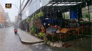 Bangkok - Heavy Rain Thunder Walk - Rainy Season Sound 4k 🇹🇭 Thailand