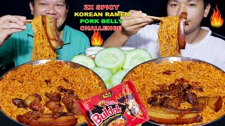 2X SPICY KOREAN RAMEN WITH PORK BELLY CHALLENGE | SPICY FOOD EATING CHALLENGE S