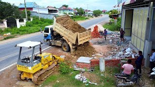 Start New Project!! Filling Garbage Land Use Bulldozer Komatsu D21A Pushing soil with 5ton Trucks.