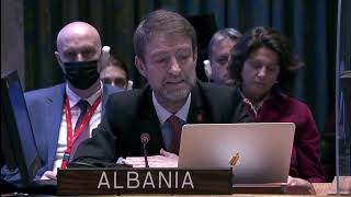 Albanian Ambassador to UN Ferit Hoxha speaking about the Russian aggression