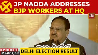 BJP President Nadda Addresses Party Workers At Headquarters After Historic Win In Delhi Election