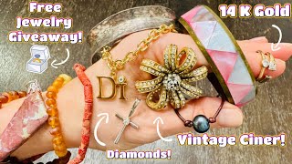 Vintage Ciner! 14 K Gold Diamonds! Free Jewelry Giveaway! Goodwill Bluebox Mystery Jewelry Unboxing!