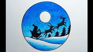 How To Draw Christmas Scenery Moonlight Easy |Drawing Christmas Scenery In A Circle