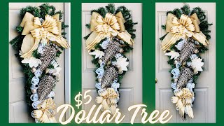 GRAB THE DOLLAR TREE $5 CHRISTMAS TREES \u0026 LET’S MAKE A CHRISTMAS DOOR SWAG | WREATH DIY 🎄HIGH END