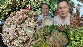 ซุปมักเขือใส่ป่นกบแจ่วแมงดาคุ้ยคำใหญ่ๆกับผักสะเดา