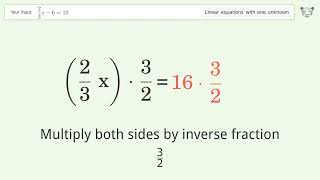Linear equation with one unknown: Solve 2/3x-6=10 step-by-step solution