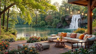 Cozy Lakeside Porch with Waterfall | Smooth Jazz Piano Music \u0026 Peaceful Atmosphere for Relaxing day