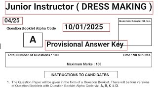 Kerala PSC Answer Key (004/2025)Junior Instructor ( DRESS MAKING ) industrial Training Provisional.