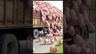 Group of pigs jumping and run out from  a truck transporting