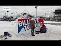 wny artist creates billieve together snow sculpture outside of highmark stadium