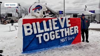 WNY artist creates 'Billieve Together' snow sculpture outside of Highmark Stadium