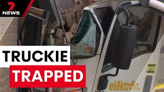 A young truckie is lucky to be alive after crashing into a Sydney shopfront | 7 News Australia