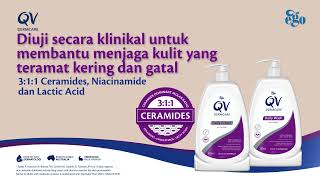 QV DERMCARE, dengan Ceramides, membantu menjaga kulit yang teramat kering dan gatal