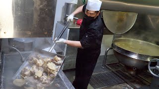 Korean food master's cauldron gomtang making ( Ox bone soup  homemade noodles, kimchi)
