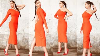 Nora Fatehi spotted orange 🍊 👗 dress in   filmcity || #norafatehi
