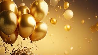 Golden balloons with confetti and ribbons on bokeh background, Golden balloons