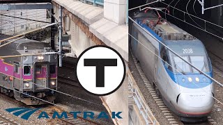 A few Amtrak \u0026 MBTA trains under Providence Place Mall heading into Providence Station.