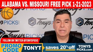 Alabama vs. Missouri 1/21/2023 FREE College Basketball Expert Picks on NCAAB Betting Tips for Today