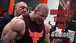 BIG SHOULDERS, TRICEPS & ABS with COACH | BULKING WORKOUT