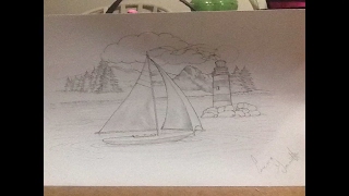 How I draw a sailboat and lighthouse along the seaside. By Corena Garoutte