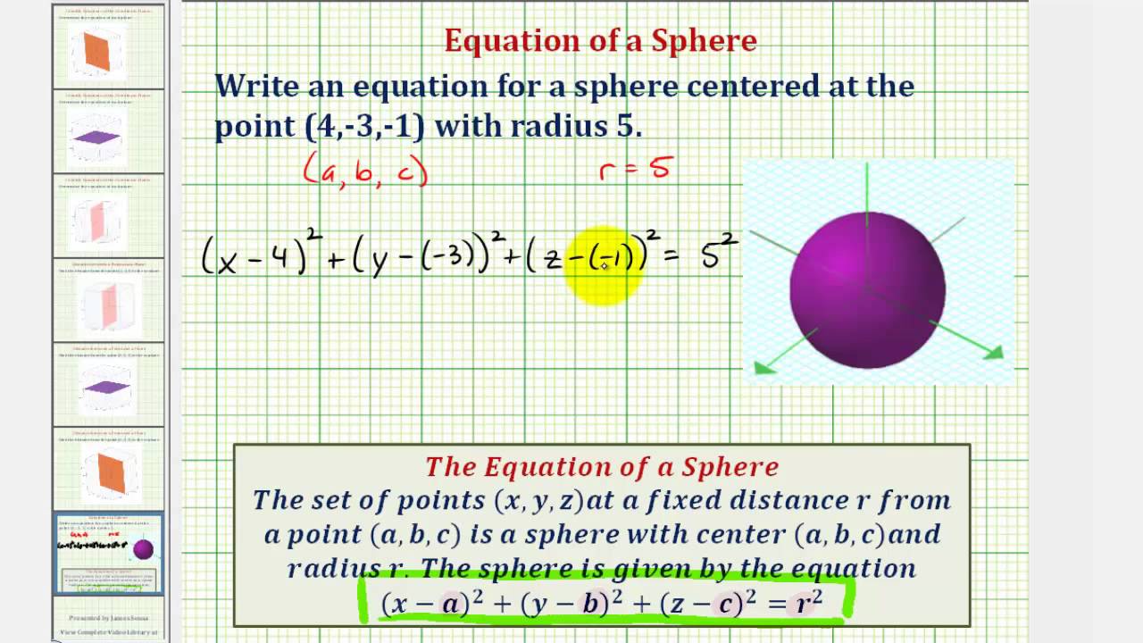 Ex: Equation Of A Sphere Given The Center And Radius - YouTube