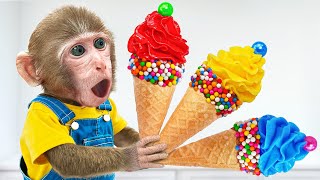 KiKi Monkey makes Sweet Rainbow Ice Cream Idea to eats with Cute Puppy | KUDO ANIMAL KIKI