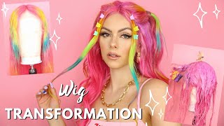 PINK RAINBOW HAIR | WIG TRANSFORMATION | HAIR DYE