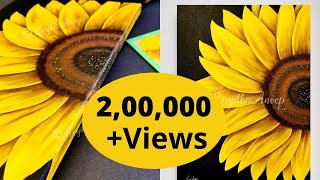 Step by Step easiest Painting Sunflower art on a Large BLACK Canvas Yellow floral work ideas