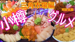 【北海道グルメ】小樽三角市場の市場食堂味処たけだ・北のどんぶり屋滝波商店・鮮魚食堂かわしまさんの総編集です。どれも豪華激うま海鮮丼です。生うに・かに・まぐろ・ホタテなどコスパよし鮮度抜群の激うま海鮮丼