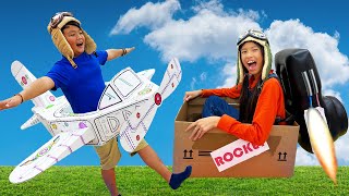 Alex and Wendy Pretend Play Ride On Airplane and Rocket Toys | Kids Pretend To Be Pilots