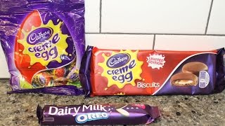 England Eatables #3 Cadbury: Mini Crème Eggs, Crème Egg Biscuits \u0026 Dairy Milk Oreo Review