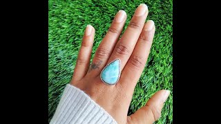 Adjustable 925 Sterling Silver Triangle Gemstone Ring For Women,Larimar Solid Silver Ring.