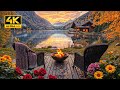 Cozy Autumn Sunset Lakeside in the Mountains: Soothing Water Sounds and Crackling Fire Pit. Birdsong