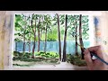 水彩画｜山形 木々と湖 watercolor