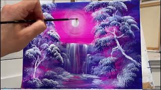EASY! How To Paint PINK & PURPLE  Waterfall landscape - acrylic painting tutorial