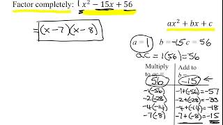 Factor the Trinomial x^2-15x+56, Where Leading Coefficient a=1, Using ac (or Grouping) Method