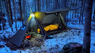 HOT TENT Winter Camping in Snow  - Warm \u0026 Cozy Inside with wood stove