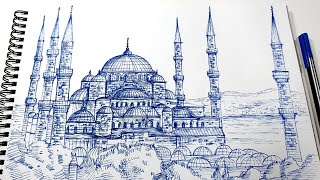 The Blue Mosque, Sultan Ahmet Camii, Istanbul - pen drawing sounds ASMR - architecture sketch
