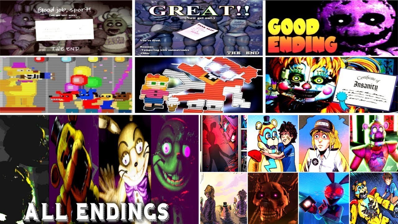 ALL FNAF ENDINGS (2014-2021) FNAF 1, 2, 3, 4, SL, 6, UCN, VR, CoD ...