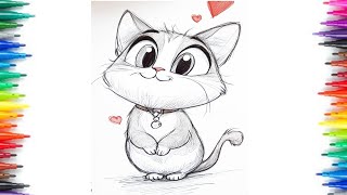 Pencil Drawing Easy Cute Cat/How To Draw Cute Cat for Kids With Pencil Step By Step