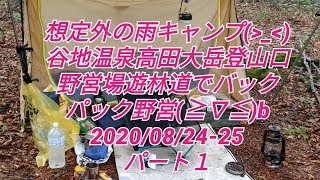 想定外の雨キャンプ 谷地温泉高田大岳登山口 野営場遊林道でバック パック野営 2020/08/24-25 パート１