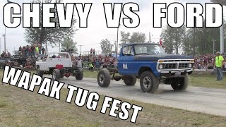 Old Chevy Vs Old Ford Truck Tug O War At Wapak Tug Fest