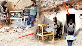 Nails and boards, mom tools: creating kitchen shelves by extraordinary architecture in magical cave