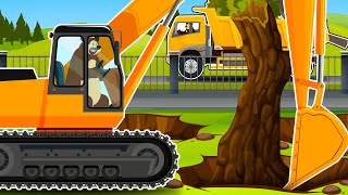 Excavator digging up tree stump - Dump truck transporting tree | Construction Vehicles