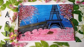 Cherry blossoms Trees, Eiffel Tower with Pink Lake Painting/sea sight Painting step by step Tutorial