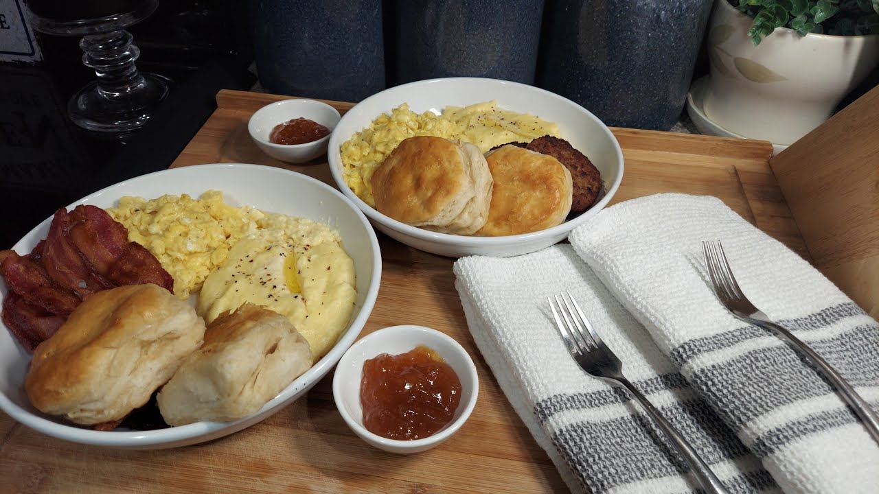 BREAKFAST For DINNER ( Cheesey Eggs, Bacon, Grits, Sausage & Biscuits ...